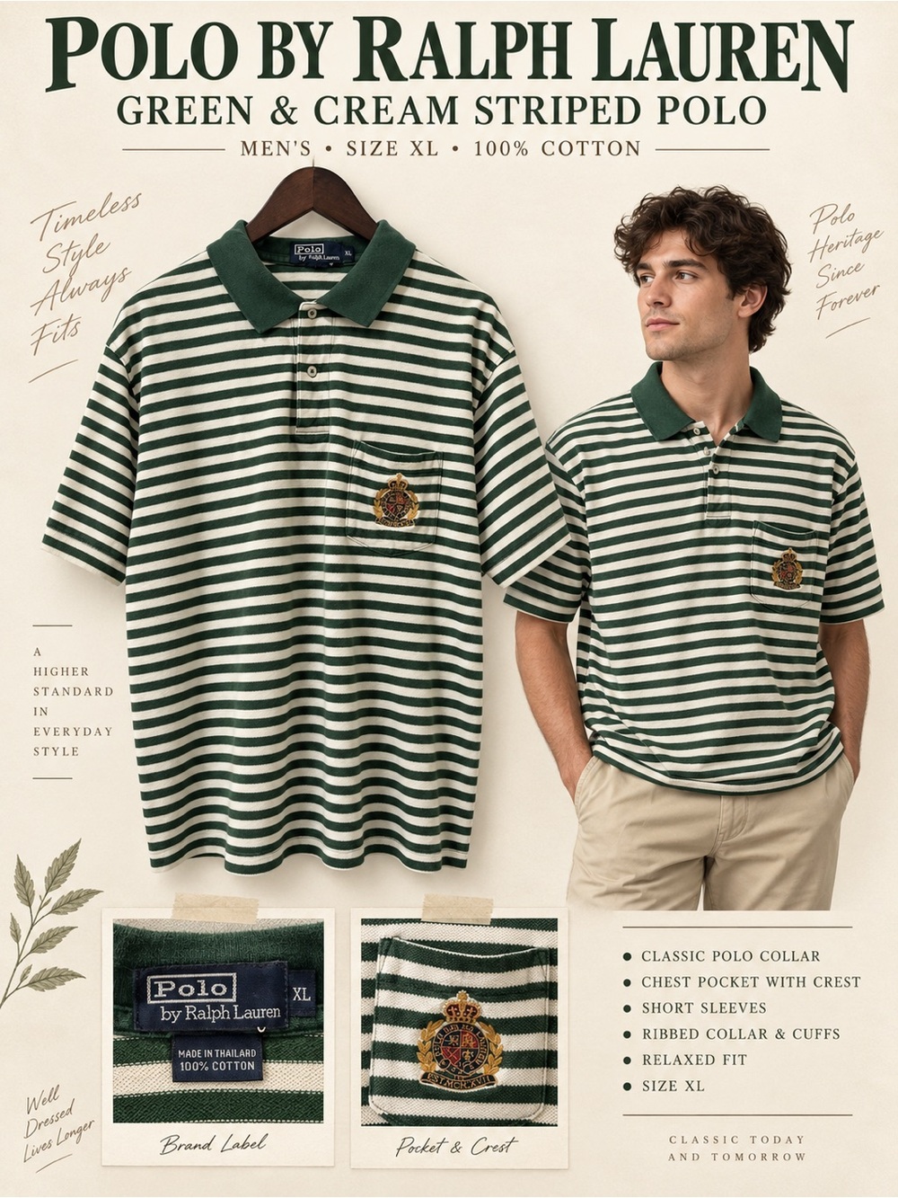 Ralph Lauren Green & Cream Striped Polo Shirt